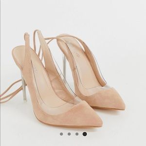 ASOS blush clear heal ankle tie pumps